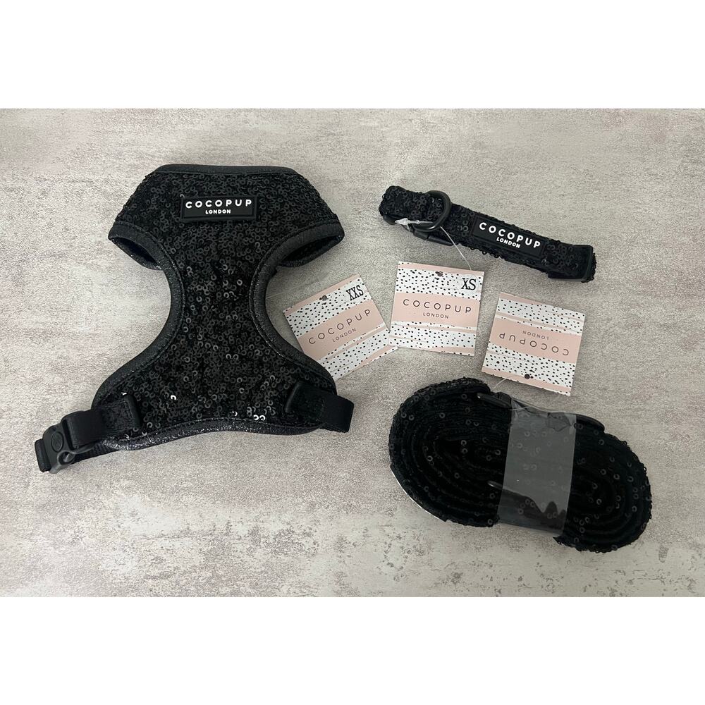 Cocopup Luxe Black Sequin Adjustable Harness XXS Collar, and Lead - Leash NWT